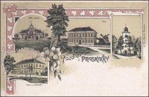 Malovaná pohlednice s budovami praskačského kostela, školy a sokolovny