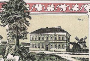 Malovaný obrázek budovy základní školy z pohlednice