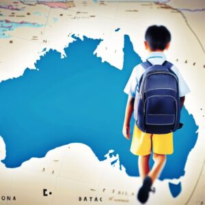 Chlapec se školní brašnou v mapě Austrálie